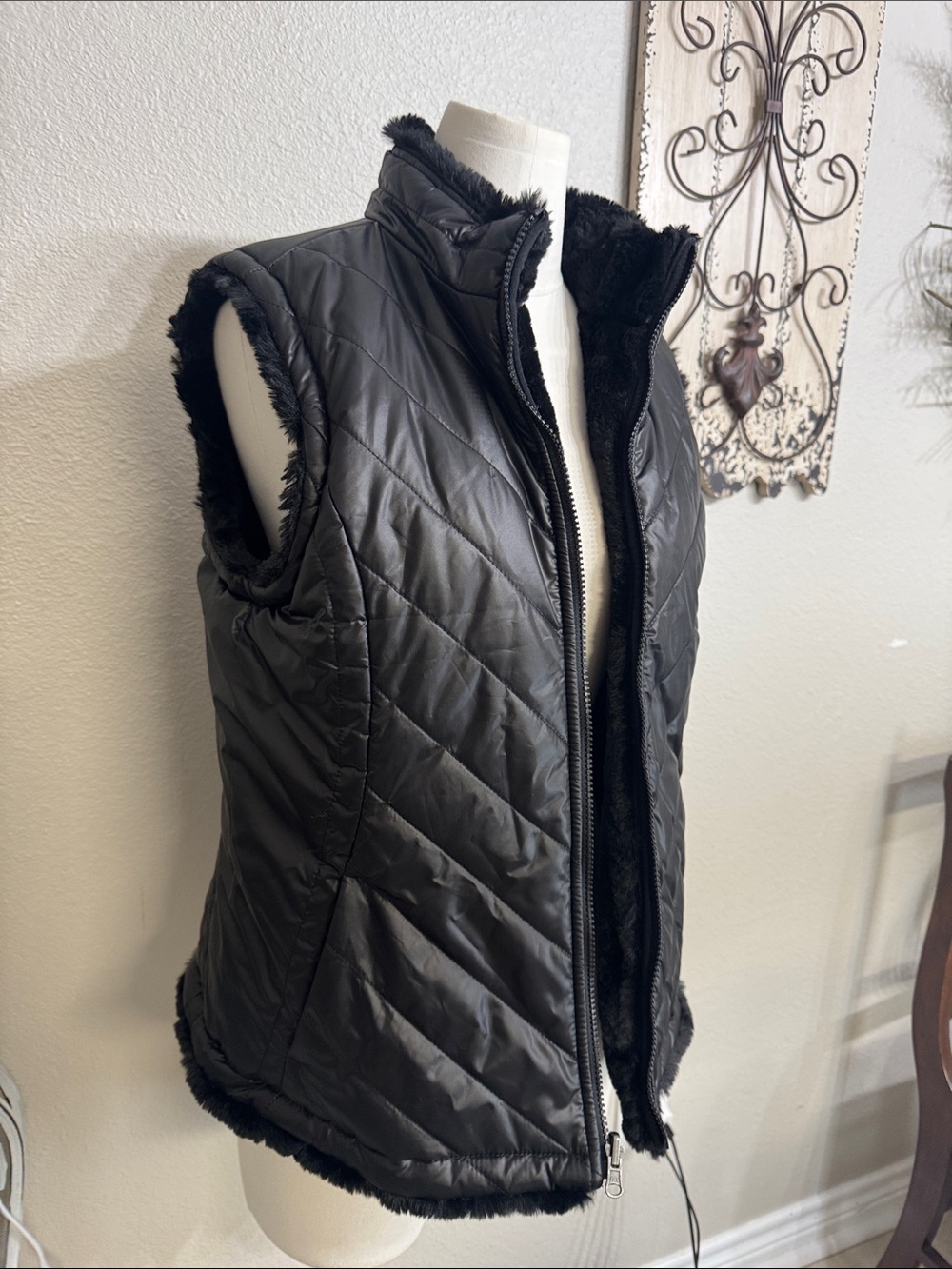 Reversible Black Quilted Faux-Fur Lined Vest